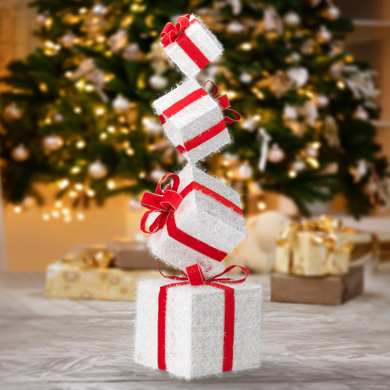 Set Of 3 Christmas Lighted Gift Boxes, Pre-lit Present Box With Bowknot(Colorful), Light Up Xmas Tree Skirt Ornament, Indoor Outdoor Plug In For Home Holiday Party