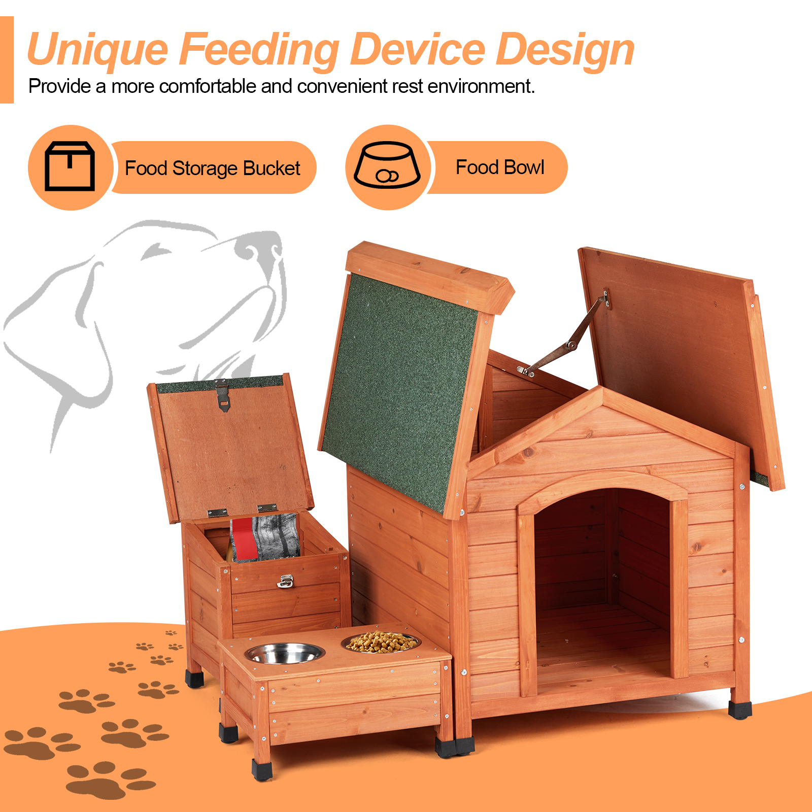 Outdoor Dog House with Weatherproof Hinged Asphalt Roof,Feeding