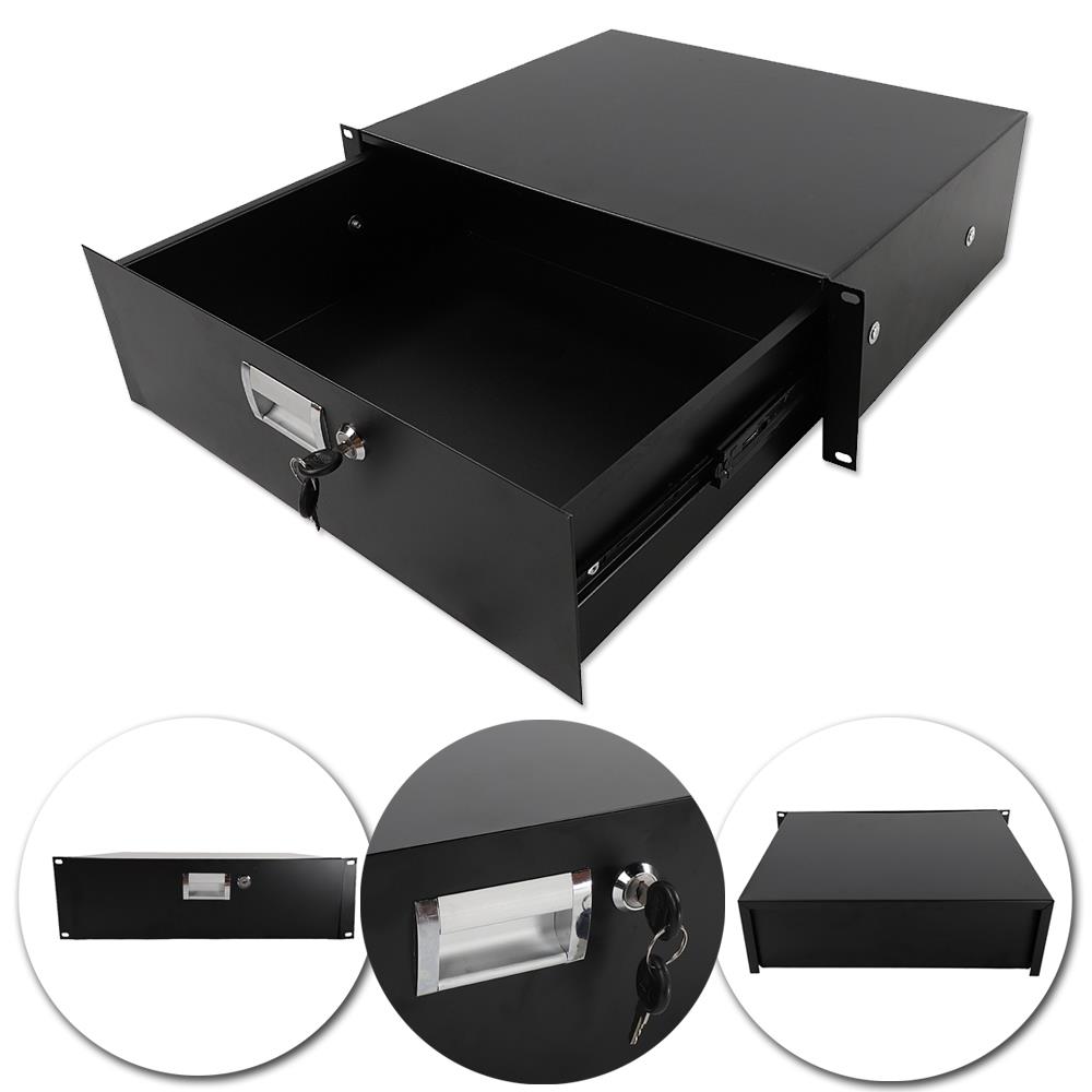 19 4U Steel Plate DJ Drawer Equipment Cabinet with Keys Locking Storage Case Rack Mount Black