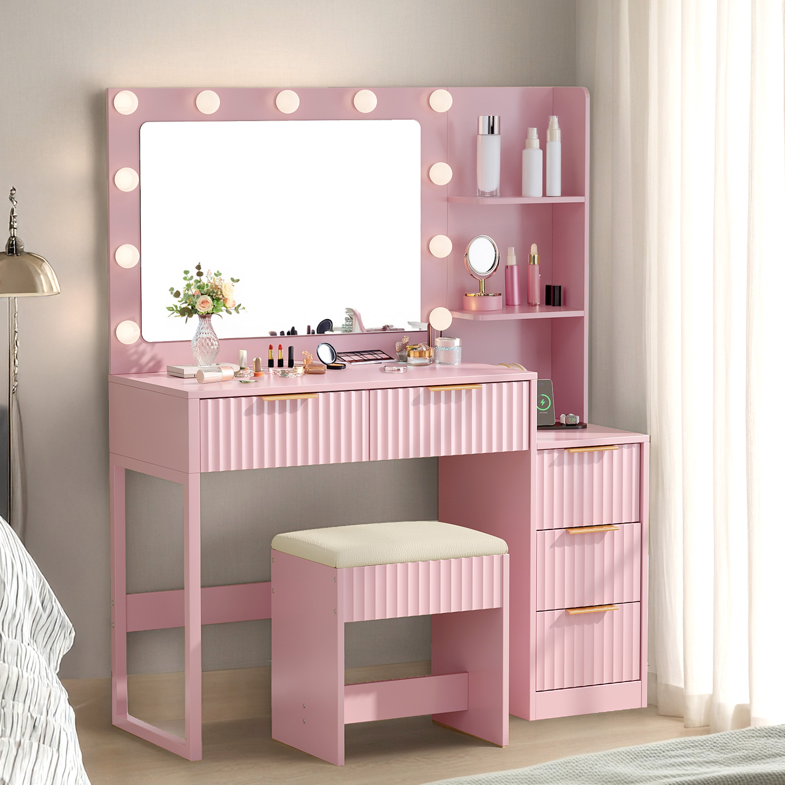 white and pink dressing table Kerrogee Makeup Vanity Set with Lighted Mirror, Storage Shelves and Drawers - White/Pink - 31.5"L x 15.7"W x 52"H - Bed Bath & Beyond