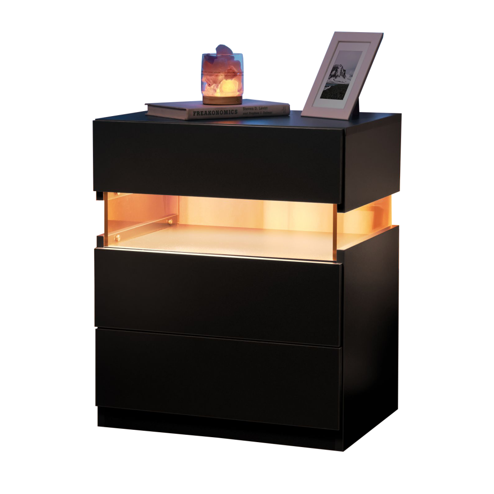 LED Nightstands 3 Drawer Dresser End Table Bedside Tables w/Acrylic Board  Black | eBay
