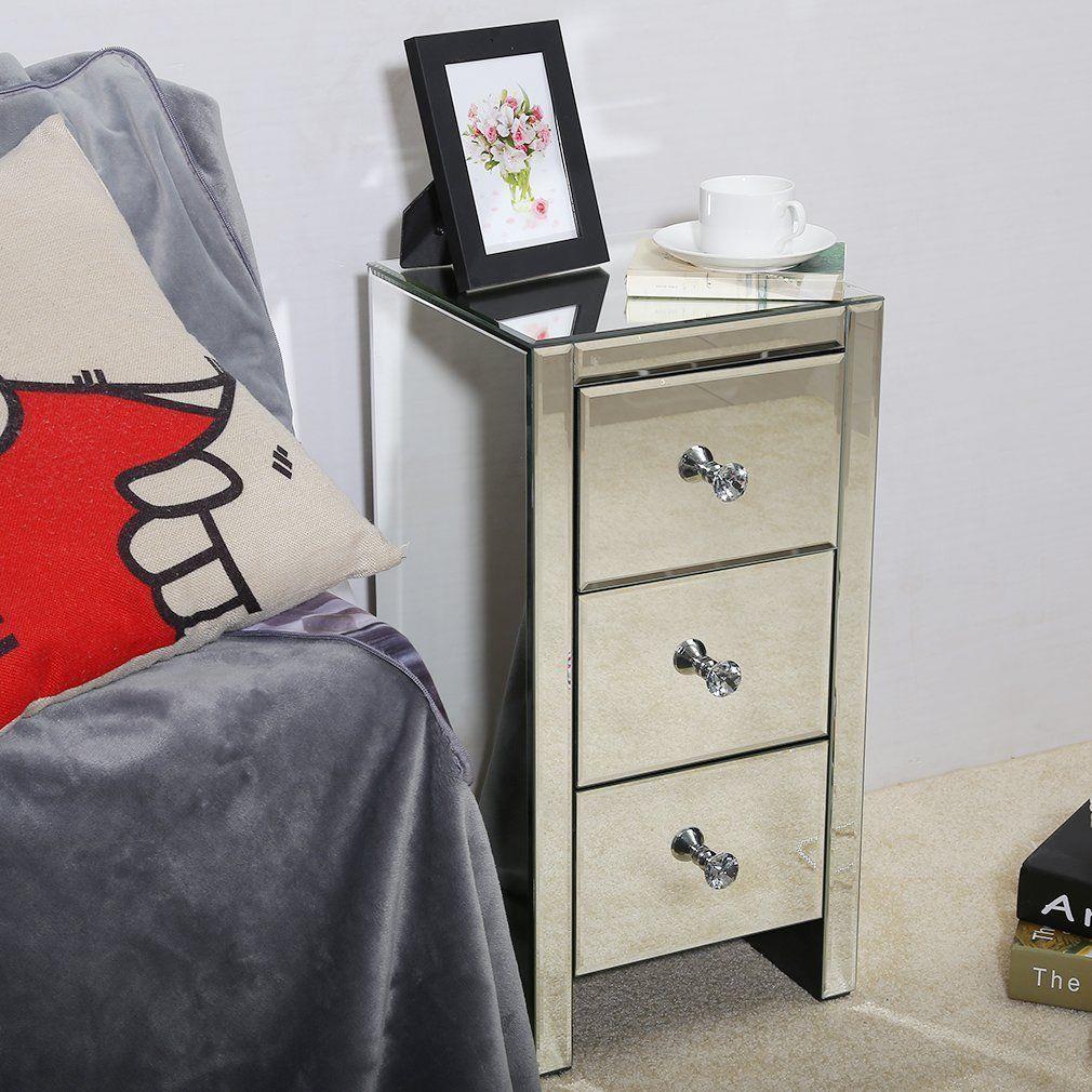 Mirrored Glass Bedside Table with 3 Drawers & Crystal Handles