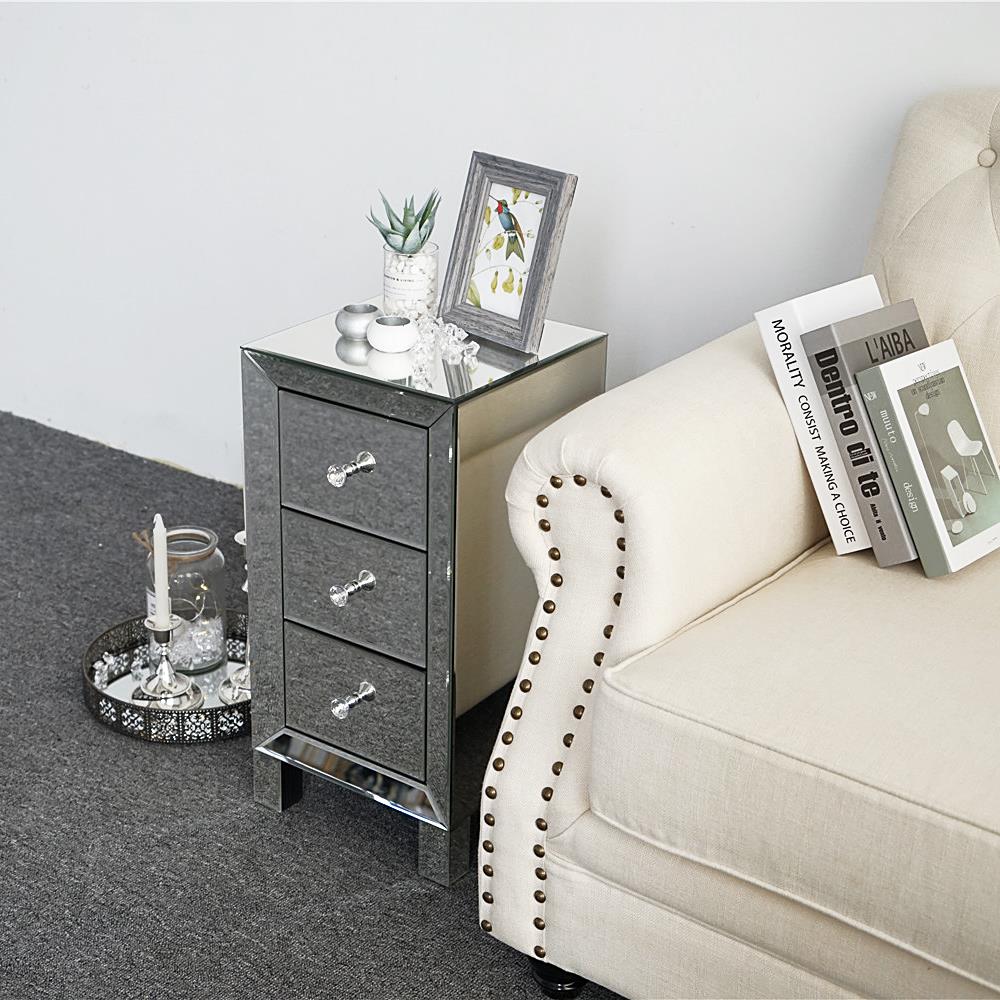 Mirrored Glass Bedside Table 3 Drawers and Crystal Handles