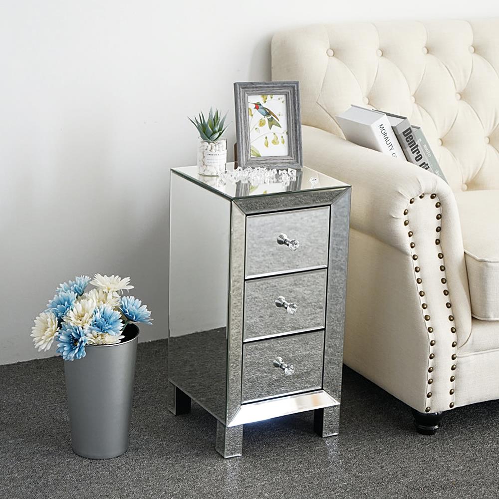 Mirrored Glass Bedside Table 3 Drawers and Crystal Handles