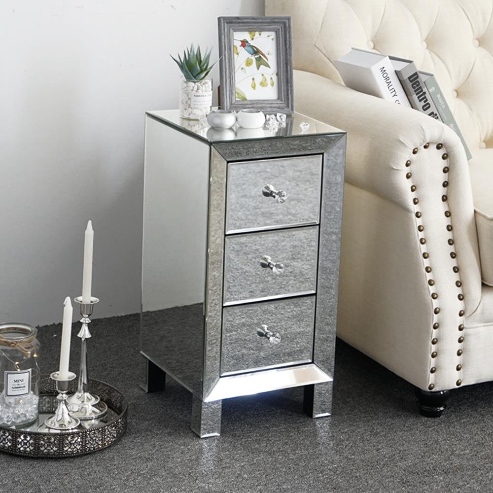 Mirrored Glass Bedside Table 3 Drawers and Crystal Handles