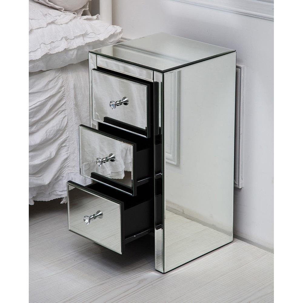 Pair of 3 Drawers Mirrored Glass Bedside Table Side Crystal