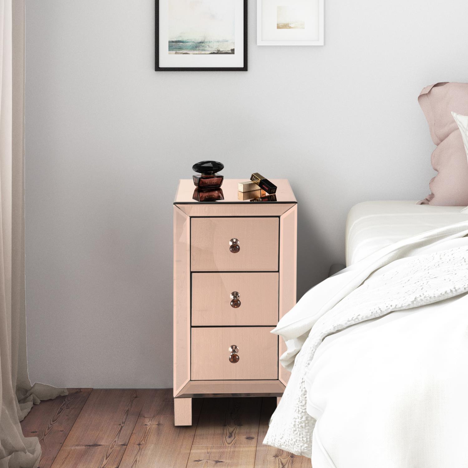 Mirrored Bedside Table Cabinet Glass Nightstand Side End W Drawer Rose Gold Ebay