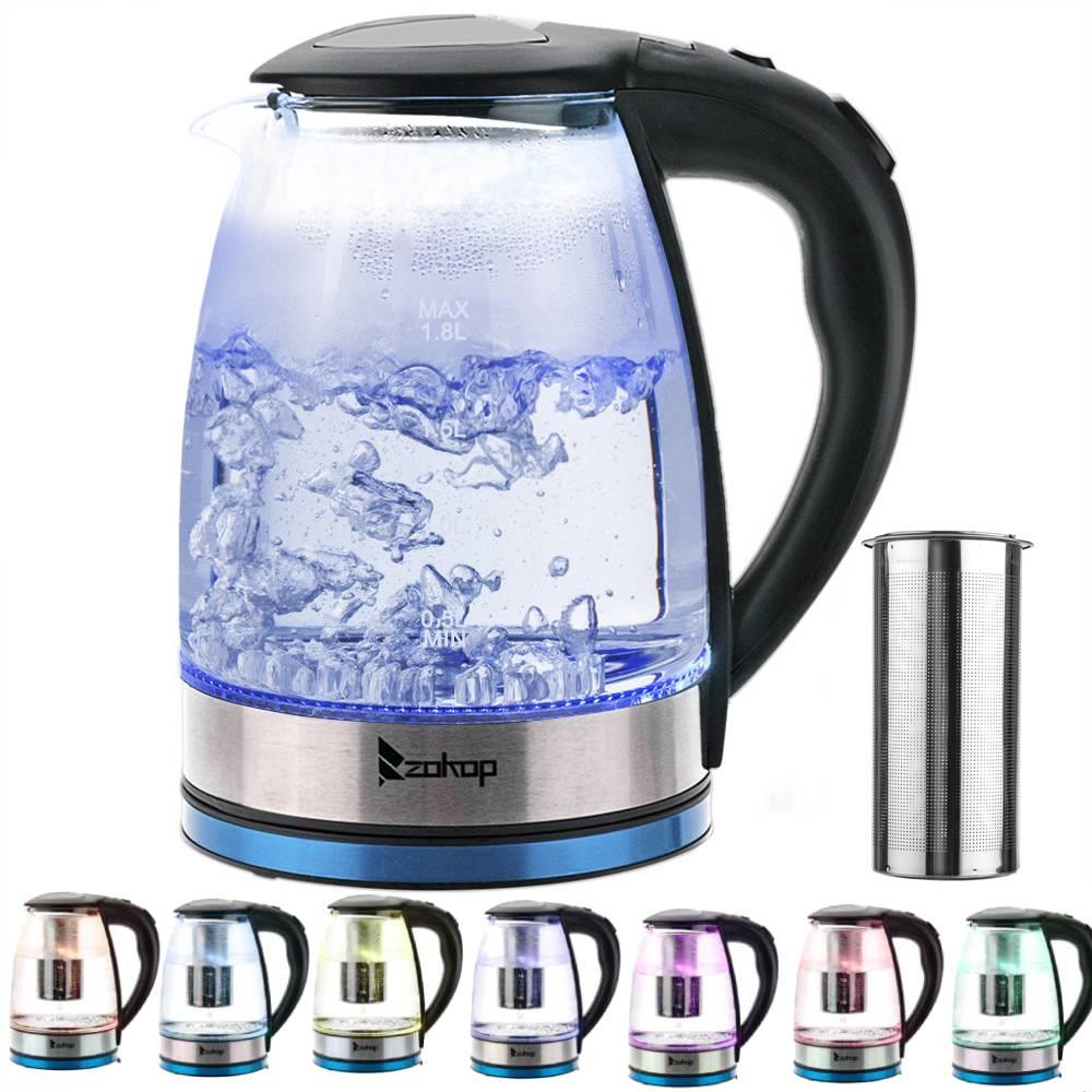 2200W Rainbow 7 Colours LED Illuminated ZOKOP Electric Kettle, 1.8L Glass Water