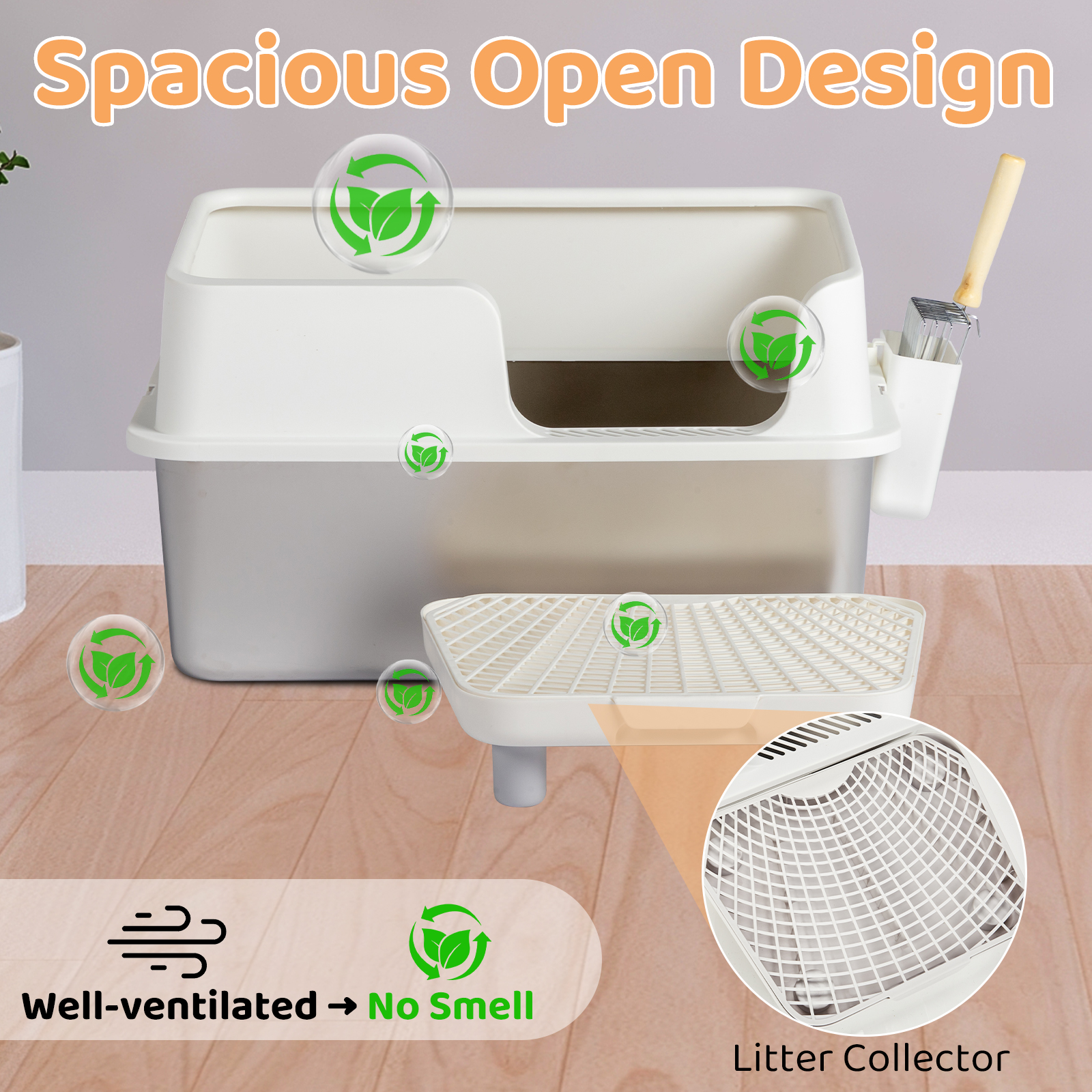 Extra Large Enclosed Stainless Steel Cat Litter Box With Lid – For Big Cats – White